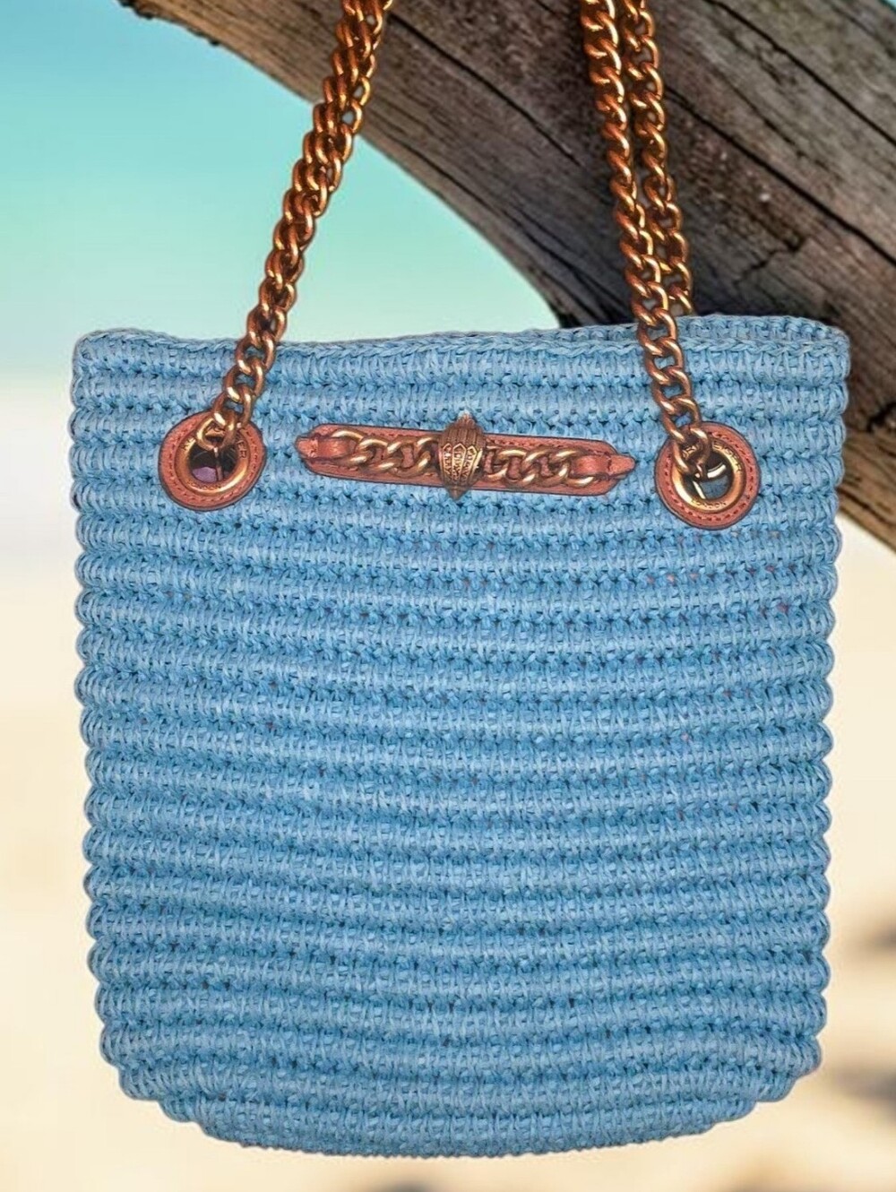 Kurt Geiger London Eagle Head W Crystal Blue Woven Chain-Handle Tote EUC